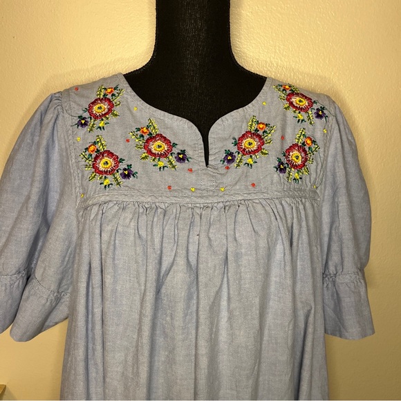 BECHAMEL Women's House Dress Embroidered Floral Chambray Sz S - Picture 2 of 7